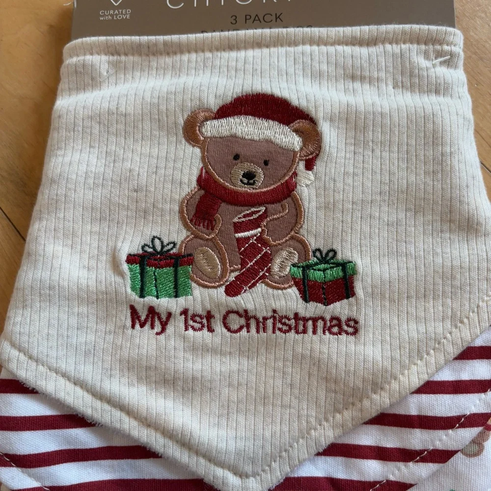 3 PC SET Christmas Teddy Bear Bandana Bibs Red Cream Green Size 0-12 months